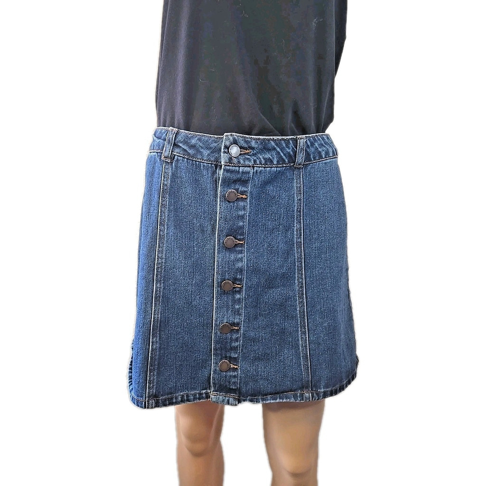 Life in Progress M Denim A-Line Mini Skirt Button Front Blue Cotton Casual - Picture 2 of 7